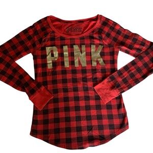 PINK Victoria's Secret Woman’s Plaid Buffalo Check Long Sleeve Thermal Top Sleep